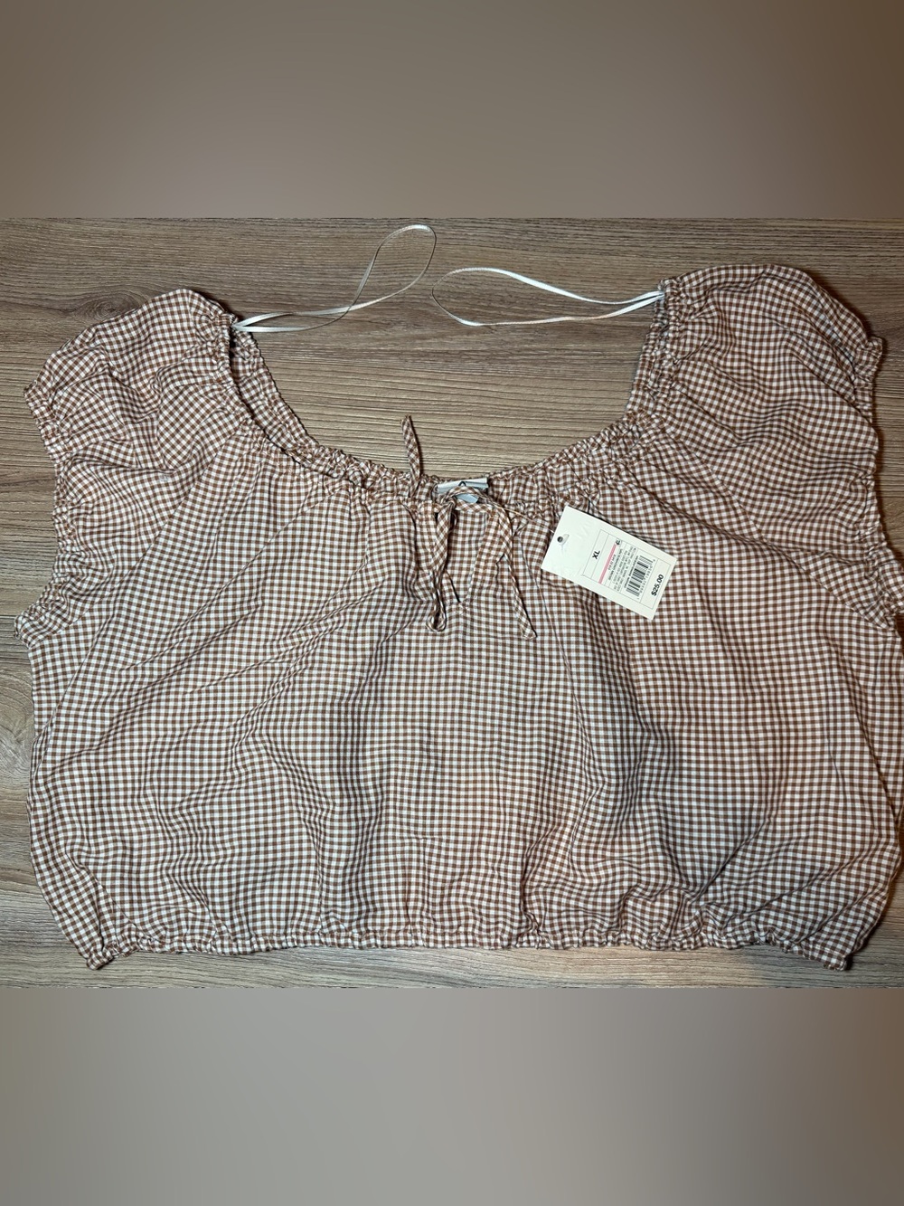 a new day Brown Gingham Smocked Tie-Neck Crop Top